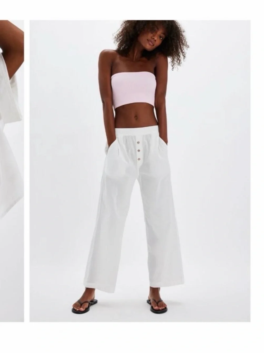 Free People White Wide-Leg Button-Front Pants with Elastic Waist and Top
